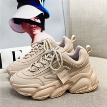 Hong Kong Tide brand leather father shoes womens 2021 Autumn New thick soled casual apricot color plus velvet sports shoes