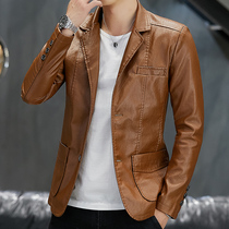 2021 autumn new mens earth jacket leather jacket Korean version of the autumn handsome motorcycle suit top trend leather men