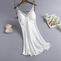 Sexy Pyjamas Woman 2022 New Summer Slim ICE SILK LACE SIDE PURE COLOR HARNESS PYJAMAS DRESS WITH CHEST CUSHION
