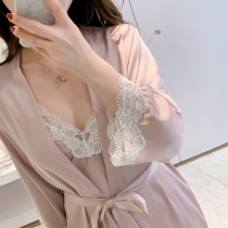 2022 New Sexy Sleepwear Woman Spring Autumn Slim Cut Ice Silk Harnesses Sleeping Dresses Sleeping Robes Two Sets With Chest Pads Long Sleeves