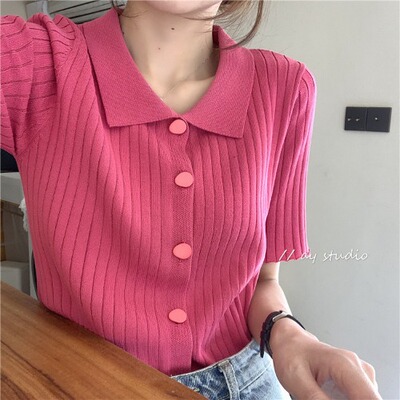 taobao agent Knitted summer sweater, short sleeve T-shirt, top, plus size, polo collar, 2022 collection, fitted