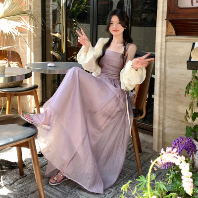 taobao agent Purple summer long slip dress, cardigan, plus size, maxi length