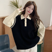 Large size fat MM fake two-piece sweater female autumn and winter design sense niche college style loose thin polo collar sweater