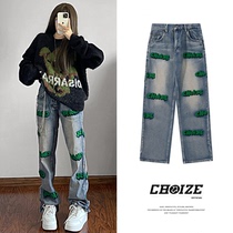 CHOIZE Street Retro Loose Wool Embroidered Washed Old Jeans ins Leisure High Street Men's and Women's Pants
