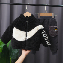 Boys autumn and winter clothes baby plus velvet set children thick two-piece baby warm foreign lamb hair clothes tide tide