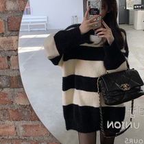 Fall winter lazy style imitation mink hair striped sweater skirt Korean chic hot girl loose fried street round neck turtleneck top female