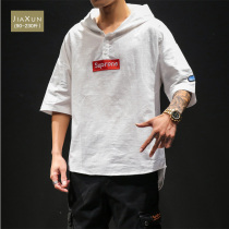 Autumn mens fashion brand loose hooded sweater Short-sleeved T-shirt fat plus size embroidery half sleeve fat trend thin section