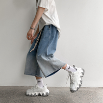 Gradient Color Seven Pants Men Loose Vintage High Street Wide Leg Summer Denim Shorts Straight Barrel Trend Ins 80%