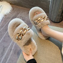 ins fur fur slippers women wear summer Net red 2021 autumn and winter cute chain rabbit plush cross cotton drag tide