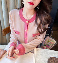 TAKIYA PINK SWEATER Jersey Girl Spring Dress 2022 New Collision Color Round Collar Short blouses Knitted Jacket