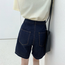 Denim shorts womens summer 2021 new loose straight five-point retro dark blue high waist wide leg pants ins tide