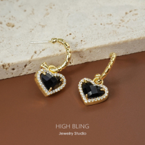 Light extravagant zircon inlaid section black jewel earrings earrings with female silver needle without pain mosquito coil ear clip without earbuds
