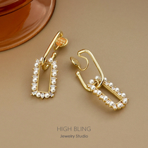 Temperament Beauty Slim Rectangular Pearl Zircon Earrings Earrings Woman s925 silver needle Mosquito Coil with ear clip without earbuds