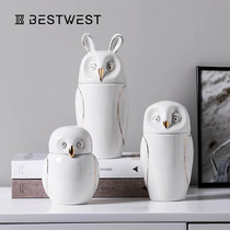 White owl jar storage tank dried fruit candy ceramic storage tank bedroom ceramic animal ornaments