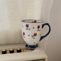 ok holiday * Korean ins wind retro dark blue lace small floral ceramic mug Breakfast cup Coffee cup