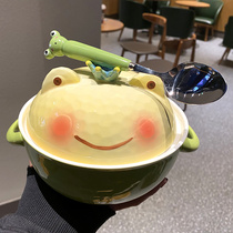 Korean ceramic instant noodle bowl cute with lid double ear bowl cartoon frog female student Big Bowl dormitory household soup bowl