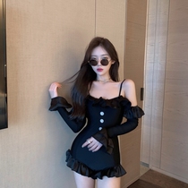 2021 swimsuit womens summer new one-piece sexy thin chest gathered conservative belly cover long-sleeved sunscreen hot spring vacation