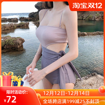 2021 one-piece swimsuit female hot spring conservative student retro small chest steel ring gathering sexy backless thin belly