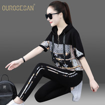 OUROSESAN BRAND CASUAL SPORTS SUIT WOMEN 2022 NEW FASHION FOREIGN AIR PRINTED WITH TWO SETS