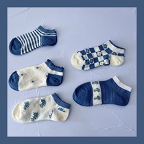 2022 Summer new socks Womens pure cotton boat socks grid day series Korean cotton socks shallow mouth short socks with invisible roots invisible
