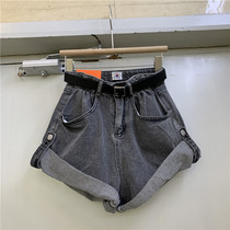  JNY5287 smoky gray crimped denim shorts womens summer high and thin loose wide-legged high-waist a-line hot pants tide