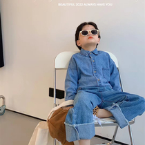 Spring Korean version Children long sleeve blue denim shirt loose casual male and female baby foreign air pure color shirt jacket