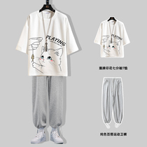 Mens summer three-point sleeve t-shirt mens fashion brand loose short-sleeved clothes Ruffian handsome mens set with a handsome suit