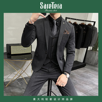 Saretera suit suit mens three-piece fashion handsome Korean slim groom wedding dress small suit