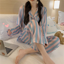 VIRRI CIAGA ~ My girl is full of silk pajamas female spring and autumn rainbow stripes home clothes