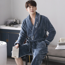 Sleepwear Mens Sleeping Robes Autumn Winter Style Winter Coral Suede Thickened with velvety warm mens flannel velvet long-style bathrobe