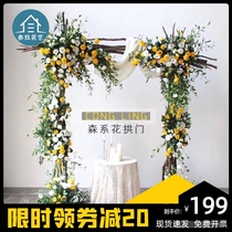 Mori wedding arch solid wood branches flower door wooden frame window opening layout floral decoration simulation flower row props