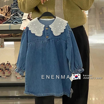 Korean boy clothing 2022 Spring loaded with little girl foreign air lace neckline denim dress girl fashion temperament even dress