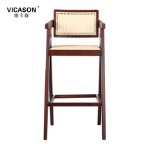 Bar Nordic rattan solid wood bench backrest high chair Island Island Middle Age home woven front bar chair light luxury