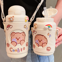 Cute thermos cup female high-value large capacity with suction tube Cup can be cross-body student water Cup childrens kettle portable