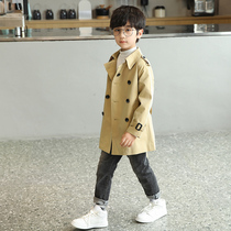 Boys windbreaker jacket autumn clothes British style high-end mens middle-aged and older childrens double-breasted coat solid color childrens outerwear foreign style