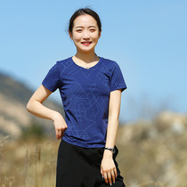 Summer womens stretch print round neck quick-drying T-shirt sweat-sucking cold quick-drying short-sleeved hiking hiking casual running
