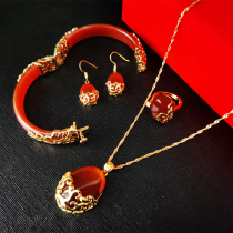 Red agate bracelet set of women's natural ruby plated 18K gold pendant jewelry for mother-in-law