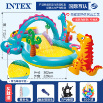 INTEX Crocodile Water Spray Children's Swimming Pool with Slide Paddling Pool Sunshade Crawling Pool Fish with Bucket