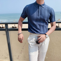Short-sleeved striped POLO shirt mens summer new Korean slim-fit sweater British light cooked lapel ice silk t-shirt