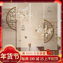 New Chinese transparent roller curtain curtain curtain partition curtain hanging lifting shading curtain soft partition porch flower and bird