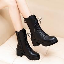 Autumn and Winter new boots female high-heeled chunky-heel Martin boots lace zhong tong xue boots British womens shoes