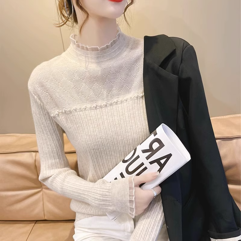 Half High Collar Sweater for Women Spring and Autumn 2023 New European Style Inner Lace Thickened Bottom Shirt Warm Knit Top