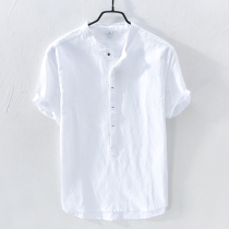 2021 summer new short-sleeved shirt mens linen white mens casual trend stand-up collar half-sleeve cotton linen shirt tide