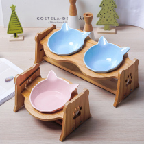 Cat Bowl Ceramic Protection Cervical Spine Ceramic Bowl Cute Kitty Single Double Bowl Cat Food Basin Inclined Double Layer High Foot Pet Bowl