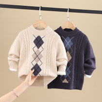 Parent-child wear diamond-shaped cashmere childrens jacquard collar pullover childrens semi-turtleneck sweater autumn and winter