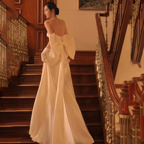 Tapered light wedding temperament thin 2021 new bride high end luxury fishtail slim satin tailed dress summer