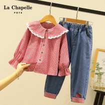 Lashabelle Childrens Clothing Girl Spring Clothing Suit Nets Red Ocean Gas Children Spring Plaid Shirts Jeans Two Sets