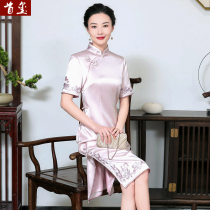 First seal improved cheongsam 2021 new high-end young embroidery short sleeve long elegant cheongsam dress