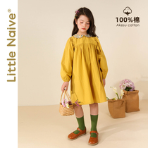 LittleNave Little Naive Girl Turned Collar Dress Long Sleeve Spring Autumn Skirt Pure Cotton Lantern Sleeve Doll Dress