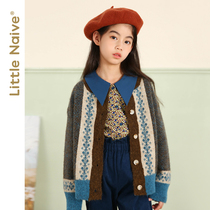 little naive autumn girl cardigan sweater foreign stripes retro childrens knitwear big boy